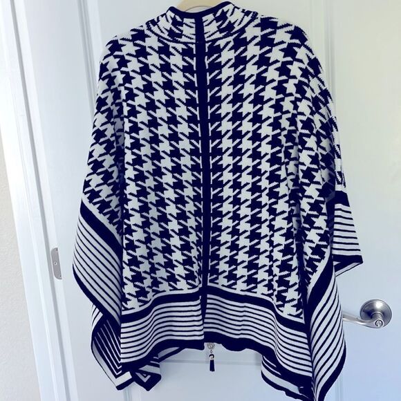 Anne Klein Houndstooth Camilla Poncho Cape / Stripe Trim Full Zip NWT SZ XL - Picture 8 of 14